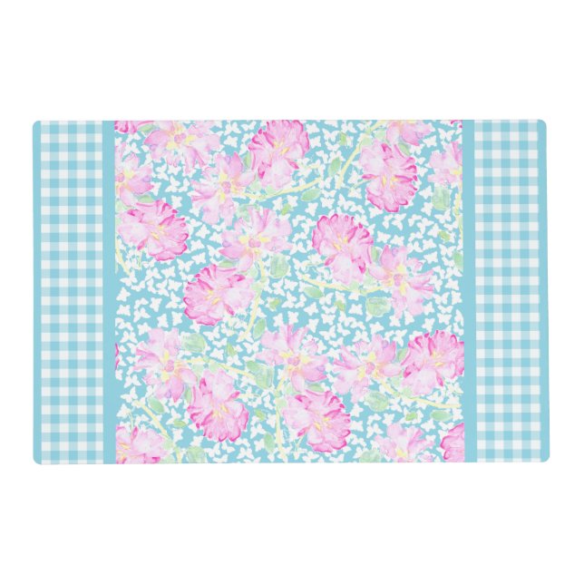 Pink Roses, White Butterflies, Gingham Placemat (Front)