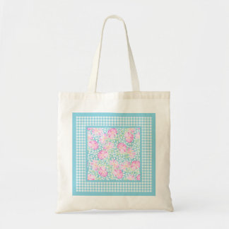 Pink Roses, White Butterflies, Gingham Tote Bag