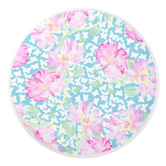 Pink Roses, White Butterflies on Blue Ceramic Knob (Front)