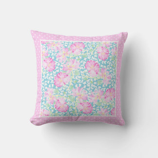 Pink Roses, White Butterflies on Blue, Polka Dots Throw Pillow