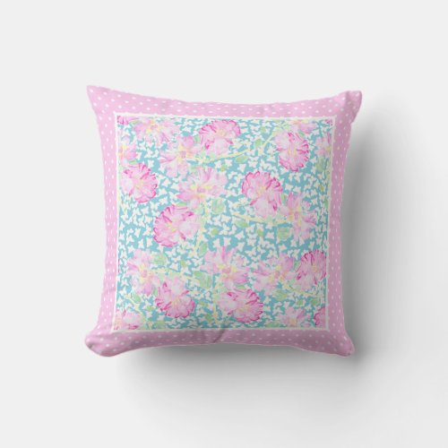 Pink Roses White Butterflies on Blue Polka Dots Throw Pillow