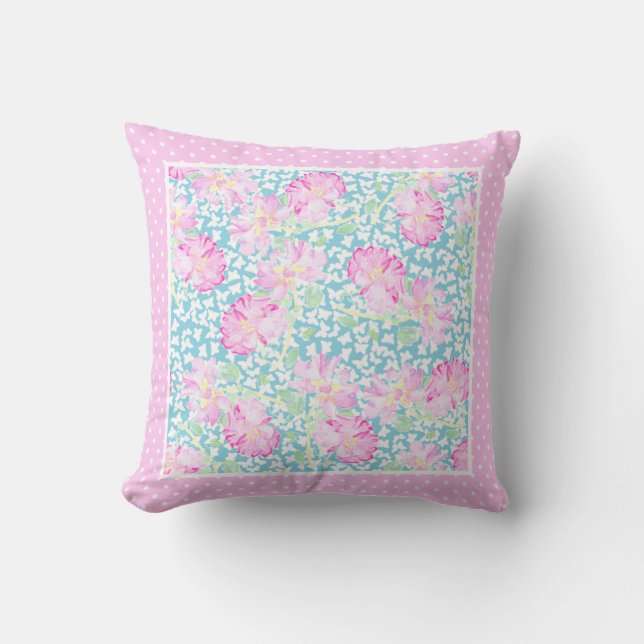 Pink Roses, White Butterflies on Blue, Polka Dots Throw Pillow (Front)