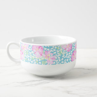 Pink Roses White Butterflies on Blue Soup Mug