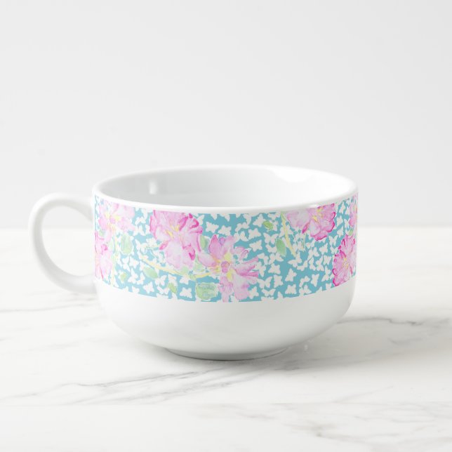 Pink Roses White Butterflies on Blue Soup Mug (Right)