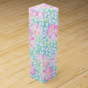 Pink Roses White Butterflies on Blue Wine Gift Box