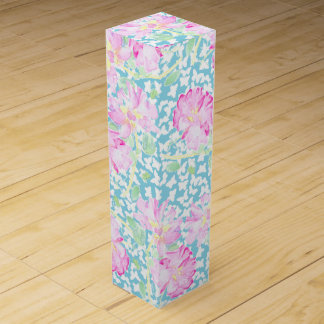 Pink Roses White Butterflies on Blue Wine Gift Box