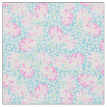 Pink Roses White Butterflies on Sky Blue Fabric