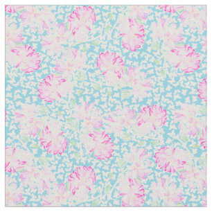 Pink Roses White Butterflies on Sky Blue Fabric