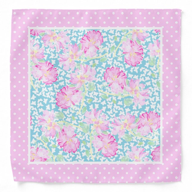 Pink Roses, White Butterflies, Polka Dots Bandana (Front)