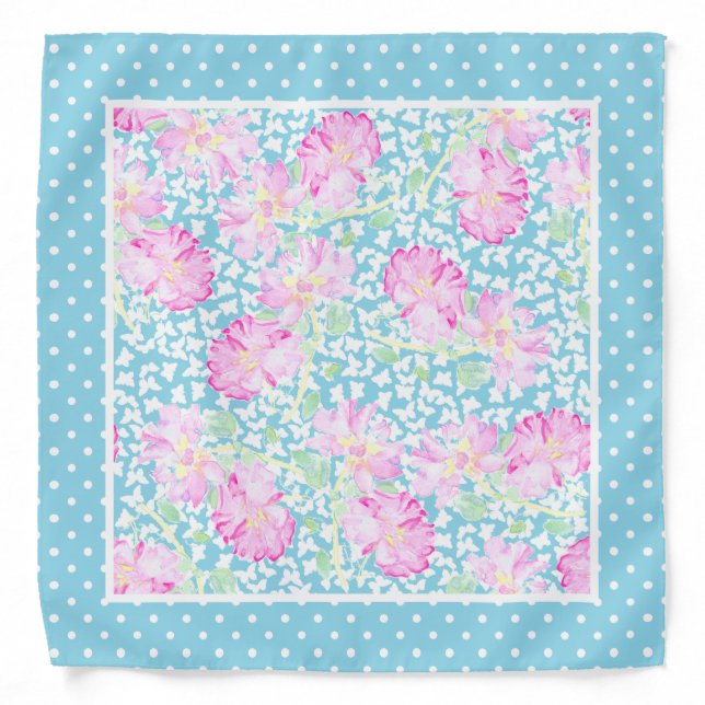 Pink Roses, White Butterflies, Polka Dots Bandana (Front)