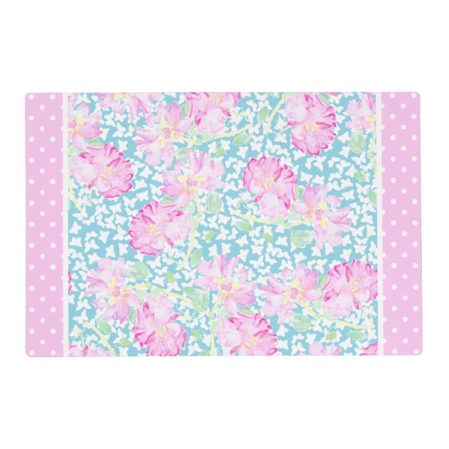 Pink Roses White Butterflies Polka Dots Placemat (Front)