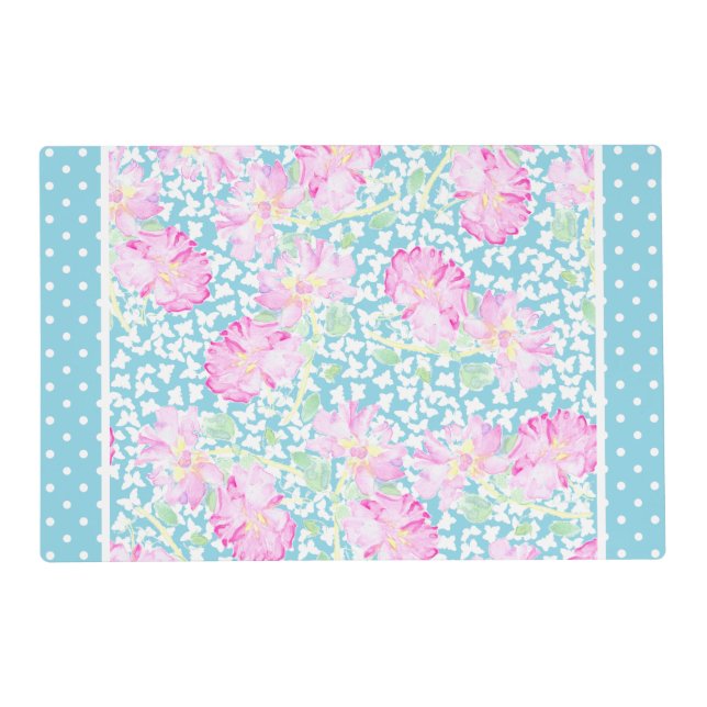 Pink Roses White Butterflies Polka Dots Placemat (Front)
