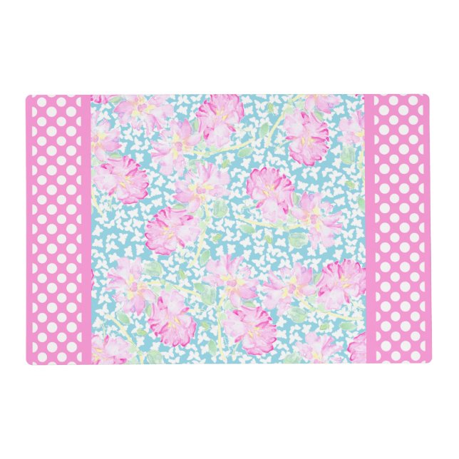 Pink Roses White Butterflies Polka Dots Placemat (Front)