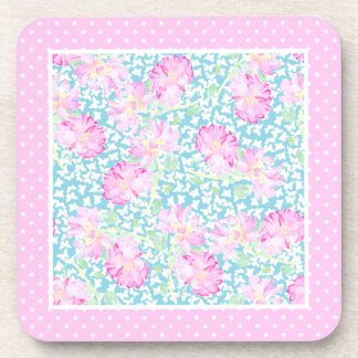 Pink Roses White Butterflies Polkas Coasters Set