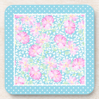 Pink Roses White Butterflies Polkas Coasters Set