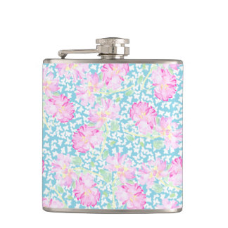 Pink Roses White Butterflies Sky Blue Hip Flask