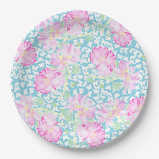 Pink Roses White Butterflies Sky Blue Paper Plate