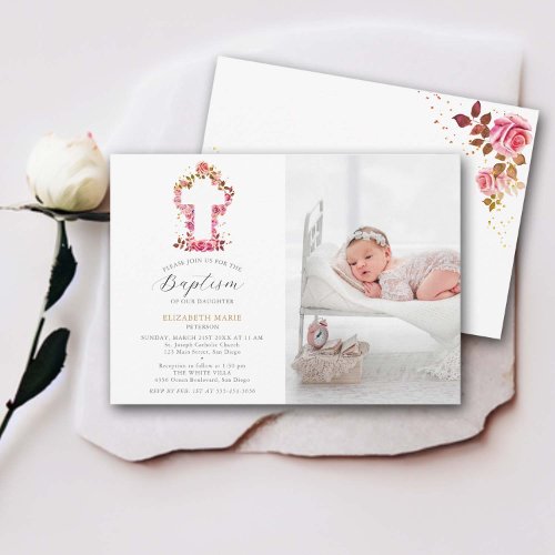 Pink Roses White Cross Baby Toddler Photo Baptism Invitation