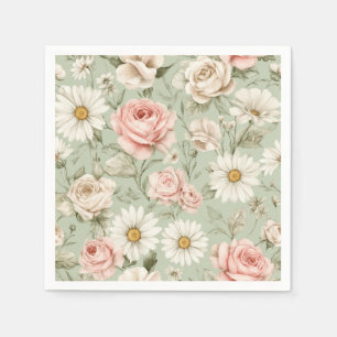 Pink Roses White Daisies Floral  Napkins