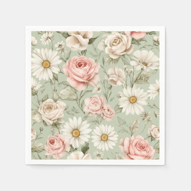Pink Roses White Daisies Floral  Napkins (Front)