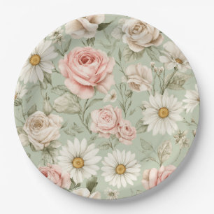 Pink Roses White Daisies Floral  Paper Plates