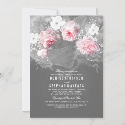 Pink Roses  White Flowers Engagement Party Invitation