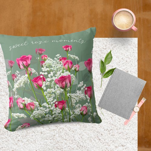 Pink Roses White Flowers On Green Soft Dreamy Throw Pillow