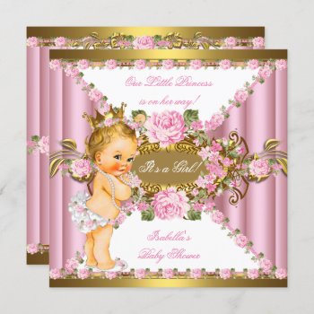 Pink Roses White Gold Princess Baby Shower Blonde Invitation by VintageBabyShop at Zazzle