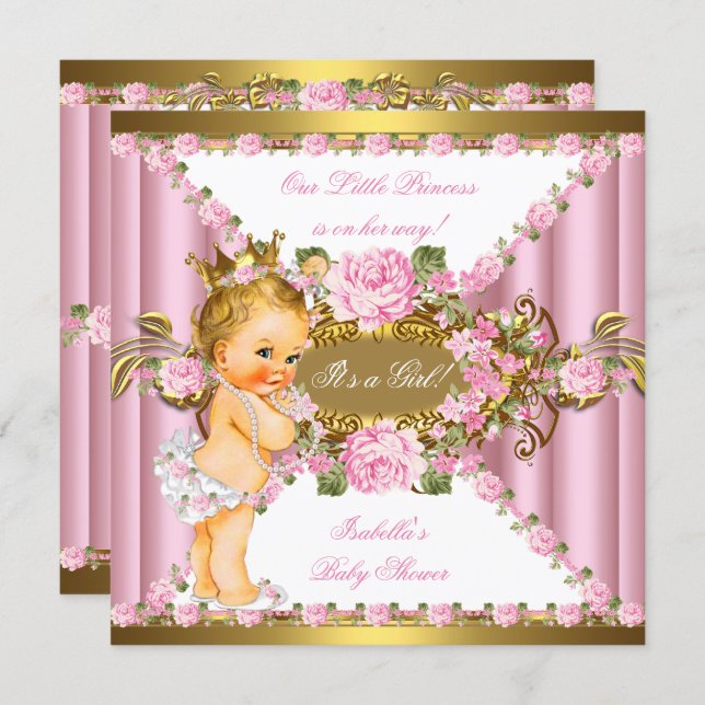 Pink Roses White Gold Princess Baby Shower Blonde Invitation (Front/Back)