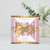 Pink Roses White Gold Princess Baby Shower Blonde Invitation (Standing Front)