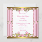 Pink Roses White Gold Princess Baby Shower Blonde Invitation (Back)