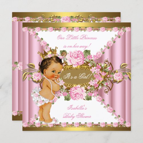 Pink Roses White Gold Princess Baby Shower Br2 Invitation