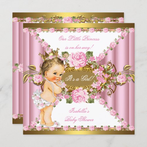 Pink Roses White Gold Princess Baby Shower Br Invitation