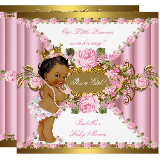 Pink Roses White Gold Princess Baby Shower Ethnic Invitation