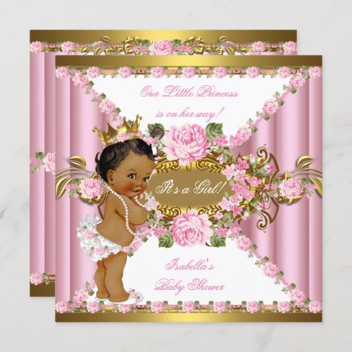 Pink Roses White Gold Princess Baby Shower Ethnic Invitation