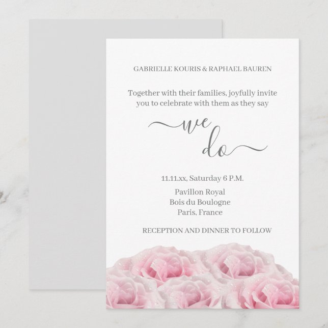 Pink Roses White Gray Floral Elegant We Do Wedding Invitation (Front/Back)