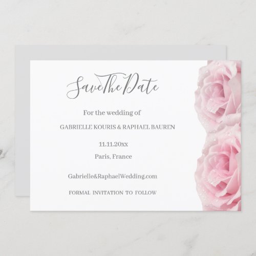 Pink Roses White Gray Floral Save The Date Wedding Invitation