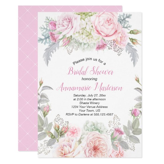 Pink Roses White Hydrangeas Greenery Bridal Shower Invitation