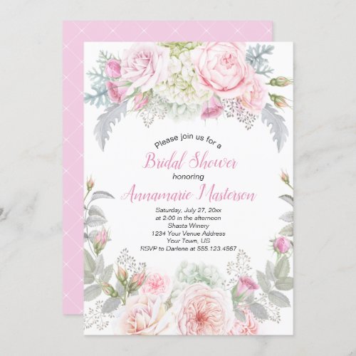 Pink Roses White Hydrangeas Greenery Bridal Shower Invitation