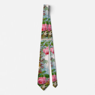 PINK ROSES, WHITE JASMINES,GREEN LEAVES Floral Neck Tie
