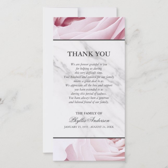 Pink Roses White Marble Memorial Service Thank You Card (Front)