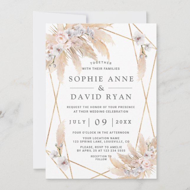 Pink Roses White Orchid Pampas Grass Gold Wedding Invitation (Front)