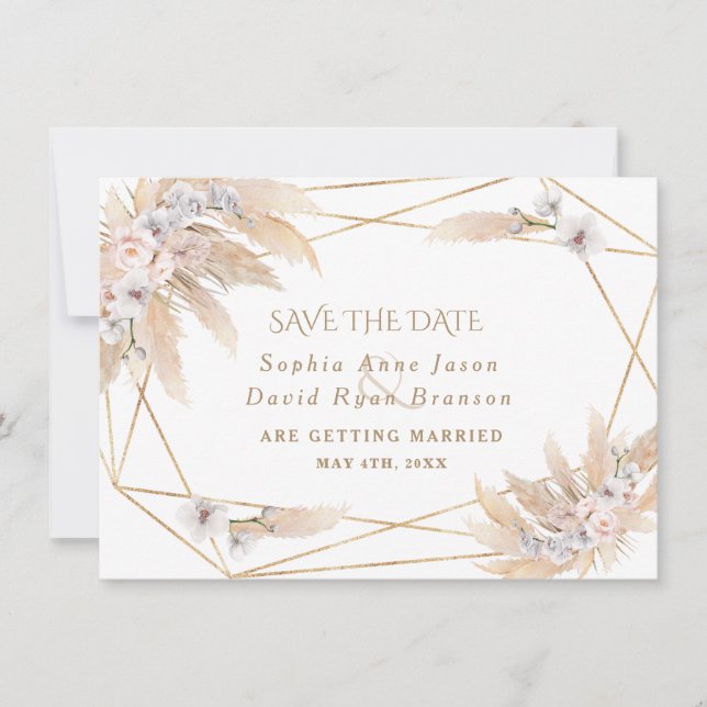 Pink Roses White Orchid Pampas Grass Gold Wedding Save The Date (Front)