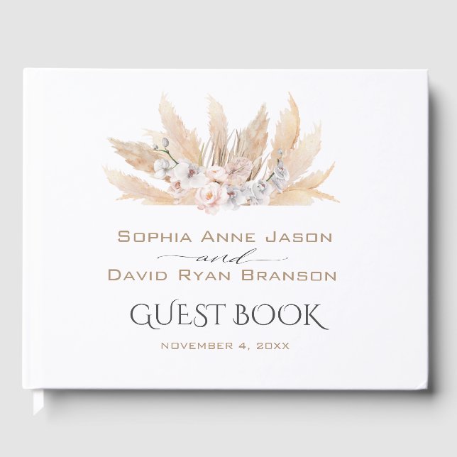 Pink Roses White Orchid Pampas Grass Wedding Guest Book (Front)