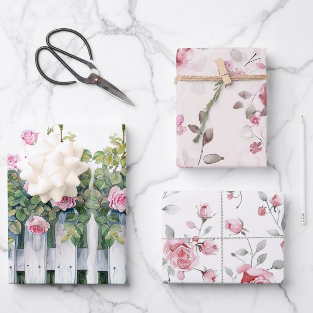Pink Roses White Picket Fence Bridal Shower Wrapping Paper Sheets (Front)