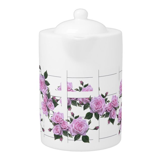 Pink Roses White Picket Fence Teapot (Front)