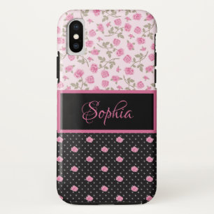 Pink Roses, White Polka Dots on Black-Monogrammed iPhone XS Case