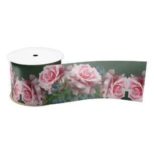 Pink Roses Wide Wedding Dark Green Ribbon