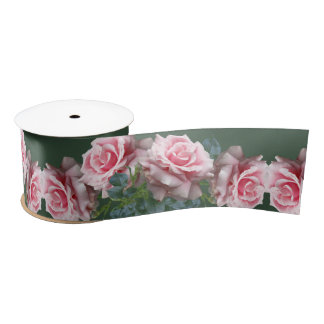 Pink Roses Wide Wedding Dark Green Ribbon