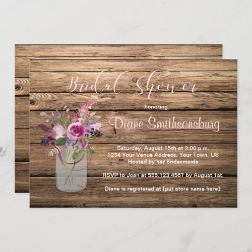 Pink Roses Wildflowers Barn Wood Jar Bridal Shower Invitation